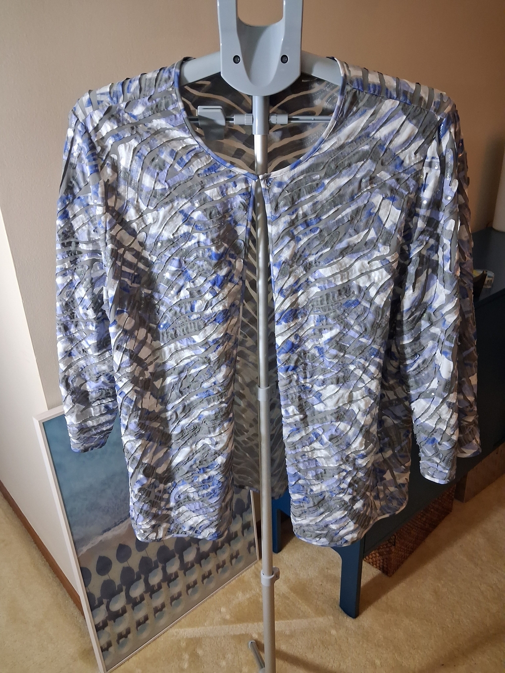 Chicos Travelers Blue and Gray Sequin Mesh Lightweight Cardigan Top